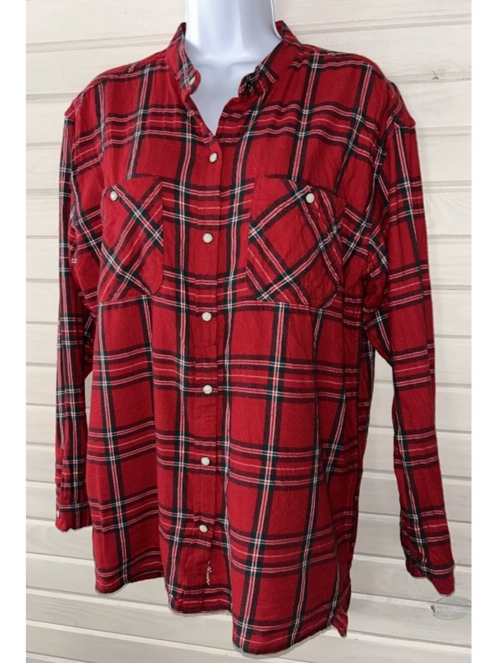 Eddie Bauer Sz MEDIUM Red Plaid Snap Front Fremont Collarless Flannel Tunic EUC